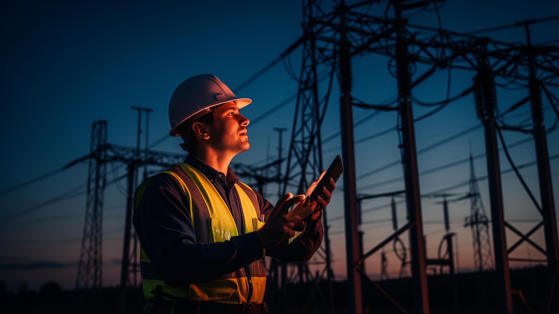Utility worker using connected safety equipment at dusk